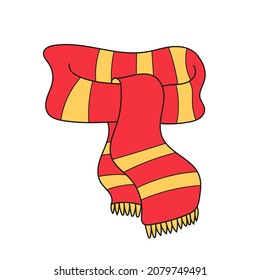 Simple cartoon icon. Red and yellow scarf with fringe on the ends. Warm accessory for autumn or winter weather.