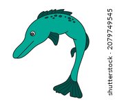 Simple cartoon icon. Stylized pike a long-bodied predatory freshwater fish. Vector hand drawn illustration on white