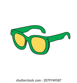 Simple cartoon icon. Sunglasses - green and yellow colors. Vector hand drawn illustration on white