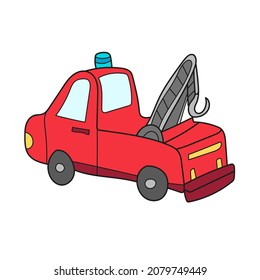 Simple cartoon icon. Cartoon tow truck evacuator. Vector hand drawn illustration on white