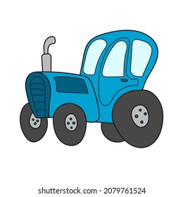 Simple cartoon icon. Cartoon tractor. Vector illustration of a blue tractor for children. Agricultural machinery. The farm.