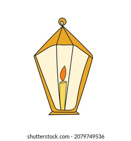 Simple cartoon icon. Vector holiday festive lantern with candle. Vector hand drawn illustration on white