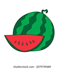 Simple cartoon icon. Watermelon vector icon on white background, cartoon style. Green and red