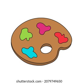 Simple cartoon icon. Wooden palette with paints - vector illustration for kids
