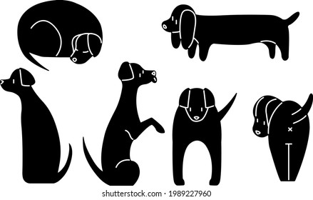 simple cartoon icons of black and white dogs on a white background. illustration with dog  silhouettes