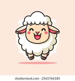 Simple Cartoon Illustration Of An Adorable Cute Sheep with Fluffy Wool and Happy Expression on Beige Clean Background