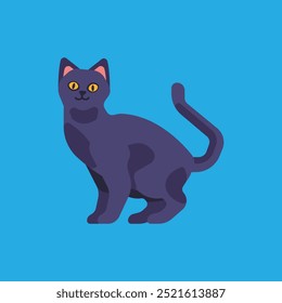 Simple cartoon illustration of a black cat with yellow eyes sitting against a bright blue background, creating a playful look.