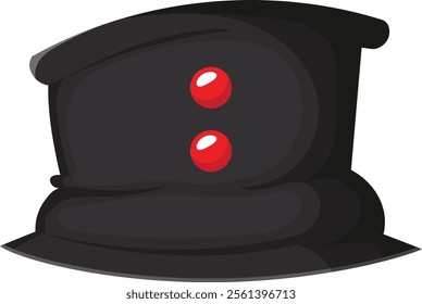 Simple cartoon illustration of a black service peak cap with two red round buttons representing rank insignia, isolated on white background