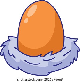 A simple cartoon illustration of a brown egg nestled comfortably in a soft, light blue nest, depicted with clean lines and a friendly aesthetic.