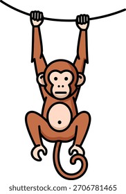 Ilustração em quadrinhos simples de um macaco marrom com um contorno preto pendurado em uma corda horizontal por suas mãos com a cauda enrolada.