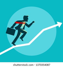 Simple cartoon illustration of a businessman running on graphic chart