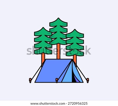 Simple cartoon illustration of a camping tent set among tall pine trees. Ideal for outdoor adventure, camping, hiking, travel, nature, and summer holiday concepts vector for sticker or sign