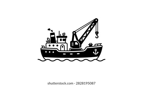 Simple cartoon illustration of a crane ship sailing on wavy water, featuring a prominent boom and anchor.