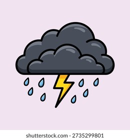 A simple cartoon illustration of a dark storm cloud with a lightning bolt and falling raindrops.