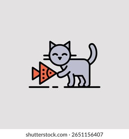 A simple cartoon illustration depicts a light grey cat with black outlines holding a coral orange fish. cat day special