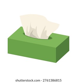 A simple cartoon illustration depicts a rectangular green tissue box with a partially pulled tissue