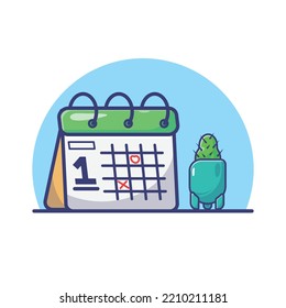 Simple Cartoon Illustration Of A Desk Calendar, Cactus In A Mini Pot On The Table. Office Property Concept.