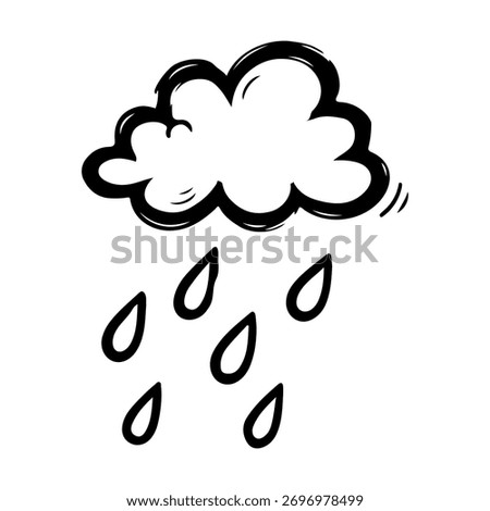 Simple cartoon illustration featuring a cloud with a bold outline, with several raindrops falling downward. The image is a minimalistic design