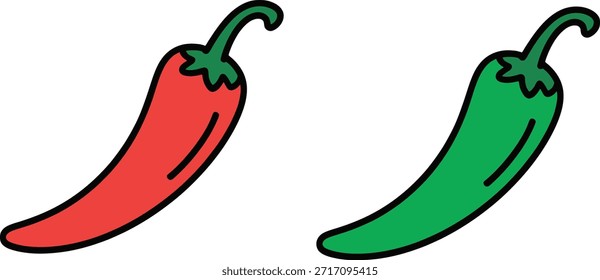 Una simple ilustración de dibujos animados con dos chiles, uno rojo y otro verde, uno al lado del otro. Ambos pimientos tienen un contorno negro y se colocan sobre un fondo blanco puro, simbolizando una estrella diferente