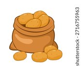 A simple cartoon illustration of fresh potatoes inside a brown sack, with a few potatoes scattered in front on a dark background