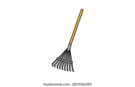 A simple cartoon illustration of a garden rake with a wooden handle and metal tines, isolated on a clean white background.