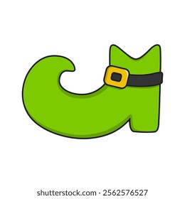 A simple cartoon illustration of a green leprechaun shoe. The shoe has a gold buckle and a pointed toe. This image is commonly associated with St. Patrick's Day.