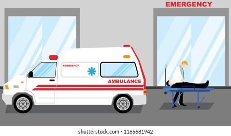 Simple cartoon illustration of a man has taken to Emergency Room with an Ambulance