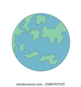 Simple cartoon illustration of planet earth with blue oceans and green continents isolated on white background