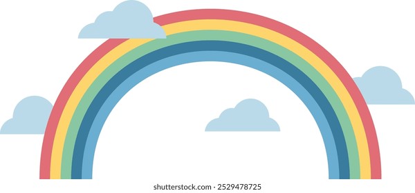 Simple cartoon illustration of a rainbow with small blue clouds, ideal for children's books or educational materials.