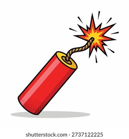 A simple cartoon illustration of a red dynamite stick with a lit fuse, emitting sparks, on a white background.