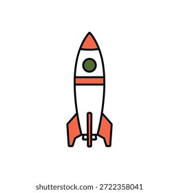 A simple cartoon illustration of a rocket ship with fins and a window.