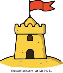 A simple cartoon illustration of a sandcastle with a red flag on top, perfect for summertime.