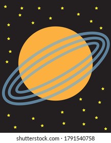 A simple, cartoon illustration of Saturn as an orange planet in space with three light blue rings around it. The space background is black with classic, five pointed starts scattered throughout.