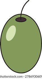 A simple cartoon illustration of a single green olive with a short stem and a light green highlight on its surface.