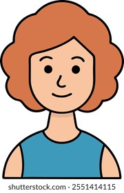 Ilustração de desenho animado simples de uma mulher sorridente com cabelo marrom-avermelhado encaracolado, vestindo um top azul-escuro sem mangas. O estilo é minimalista e amigável.