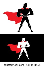 Simple cartoon illustration of superhero with red cape.