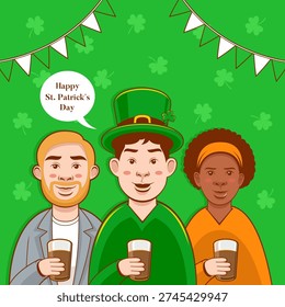 Simple cartoon illustration of three men and women happily drinking beer and celebrating St. Patrick’s Day. Character design for cultural celebration. Generic, unidentifiable characters. Not created by AI.
