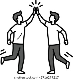 Una simple ilustración de dibujos animados de dos figuras que se dan un cinco alto. Las figuras están delineadas en negro con pantalones grises y camisas blancas.