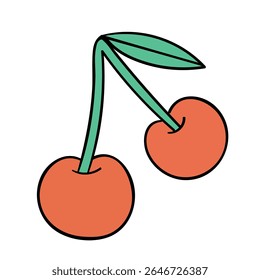 Simple cartoon illustration of two red cherries with green stems and leaves on white background
