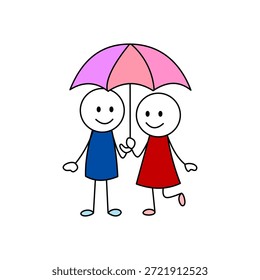 Simple cartoon illustration of two stick figures, a boy and a girl, holding hands under a pink and purple umbrella. Cute, minimalist design on a white background.