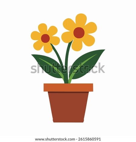 Simple Cartoon Illustration of Two Yellow Flowers with Red Centers in a Brown Pot