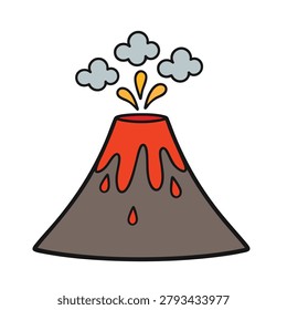 A simple cartoon illustration of a volcano erupting, showing molten lava flowing down its sides and smoke billowing from the crater.