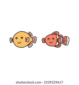 Simple cartoon illustrations of two smiling fish, one yellow and one orange, on a white background. Perfect for children's designs.