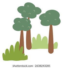 Simple cartoon landscape with trees and  grass vector illustration, cartoon nature illustration
