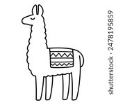 Simple cartoon llama drawing, black and white line icon. Cute vector clip art illustration.