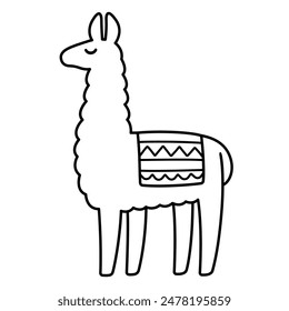 Simple cartoon llama drawing, black and white line icon. Cute vector clip art illustration.