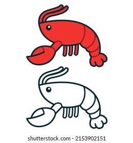 Simple cartoon lobster or crawfish drawing. Red color and black and white line icon. Vector clip art illustration.