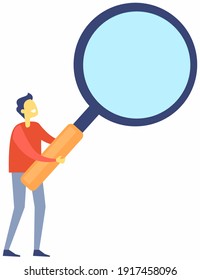 Simple cartoon of male chatacter using magnifying glass, person with loupe isolated on white background. Businessman in search, carefully examines the details of the workflow. Marketing research