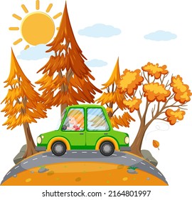 Simple cartoon of man driving a car on the road illustration
