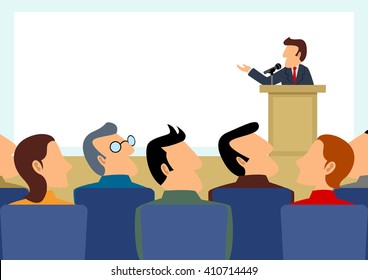 Simple cartoon of man figure giving a speech on stage with blank big screen as the background